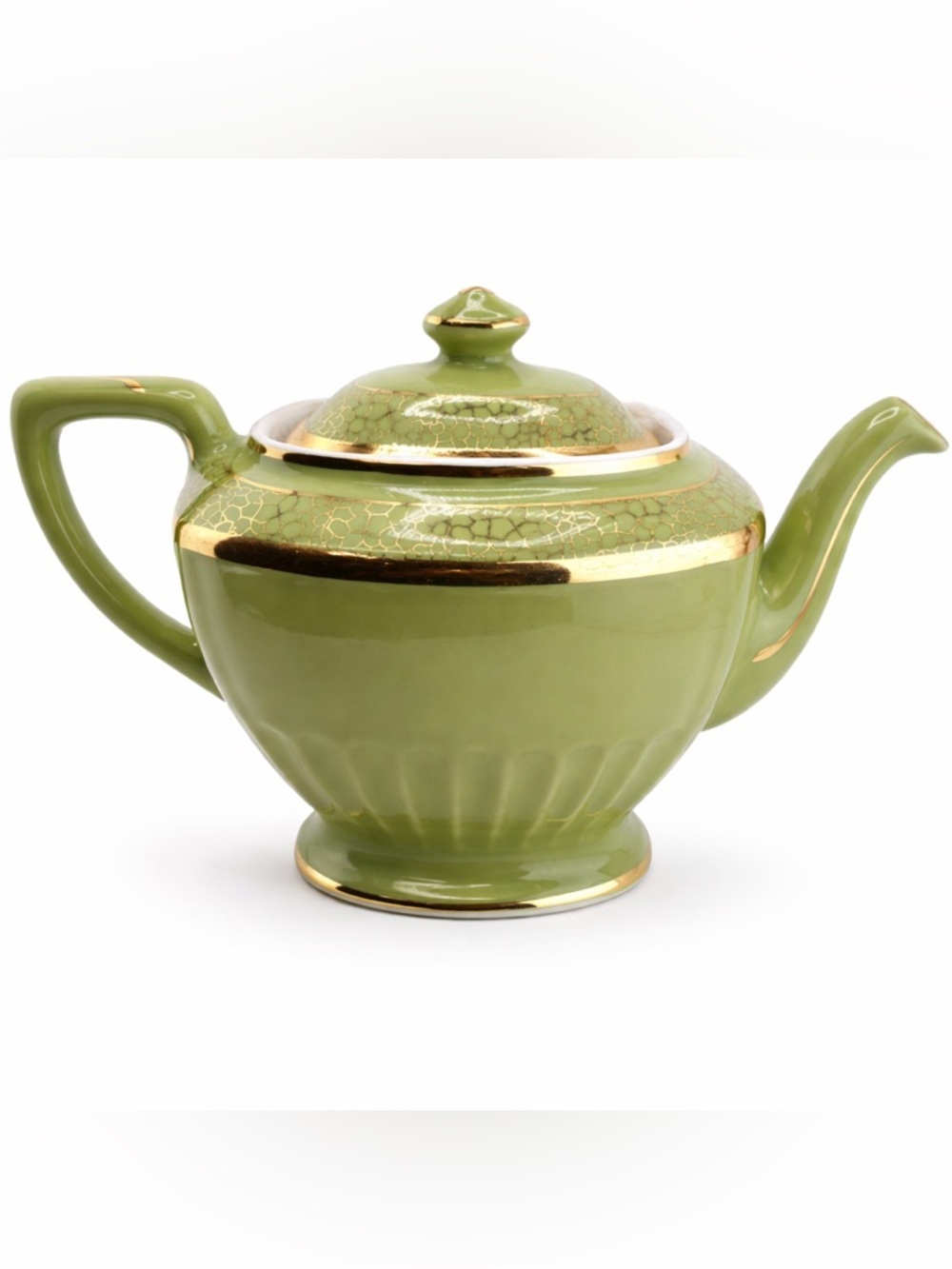 Vintage Hall New York Teapot 6-Cup Olive Green Gold Crackle Mid-Century